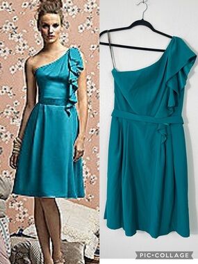 Lela Rose Bridesmaid Matte One-Shoulder Teal Ruffle Dress Size 14 Teal NWT